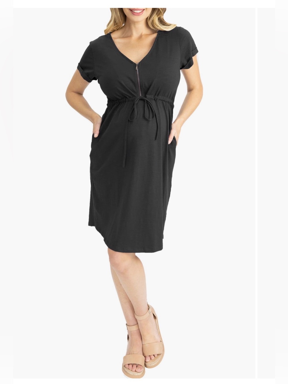 Angel Maternity Black maternity Dress w/ POCKETS drawstring waist size medium